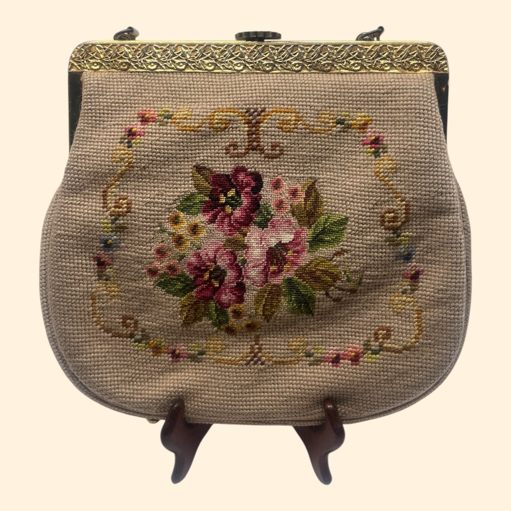 1950s Vintage Floral Needlepoint Handbag with Chain Handle
